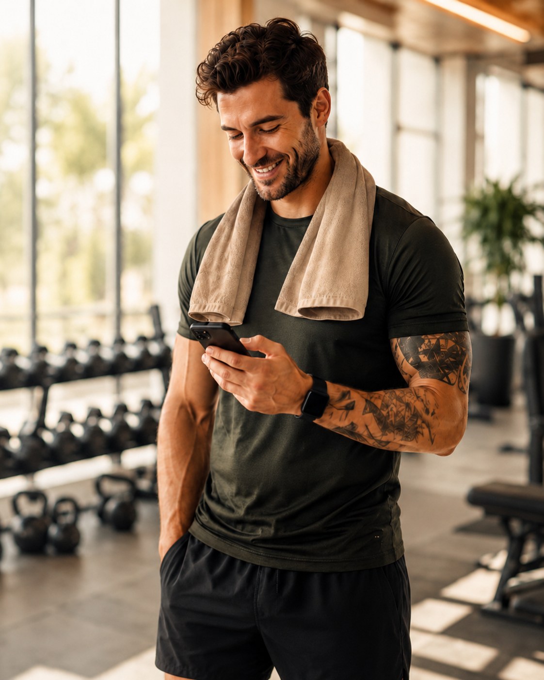 A man in a gym checking his health data on his phone
